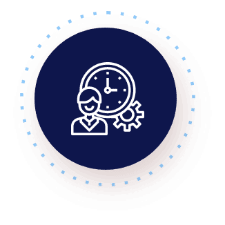 a blue circle with a white clock, an outline of a person, and a gear symbol on it