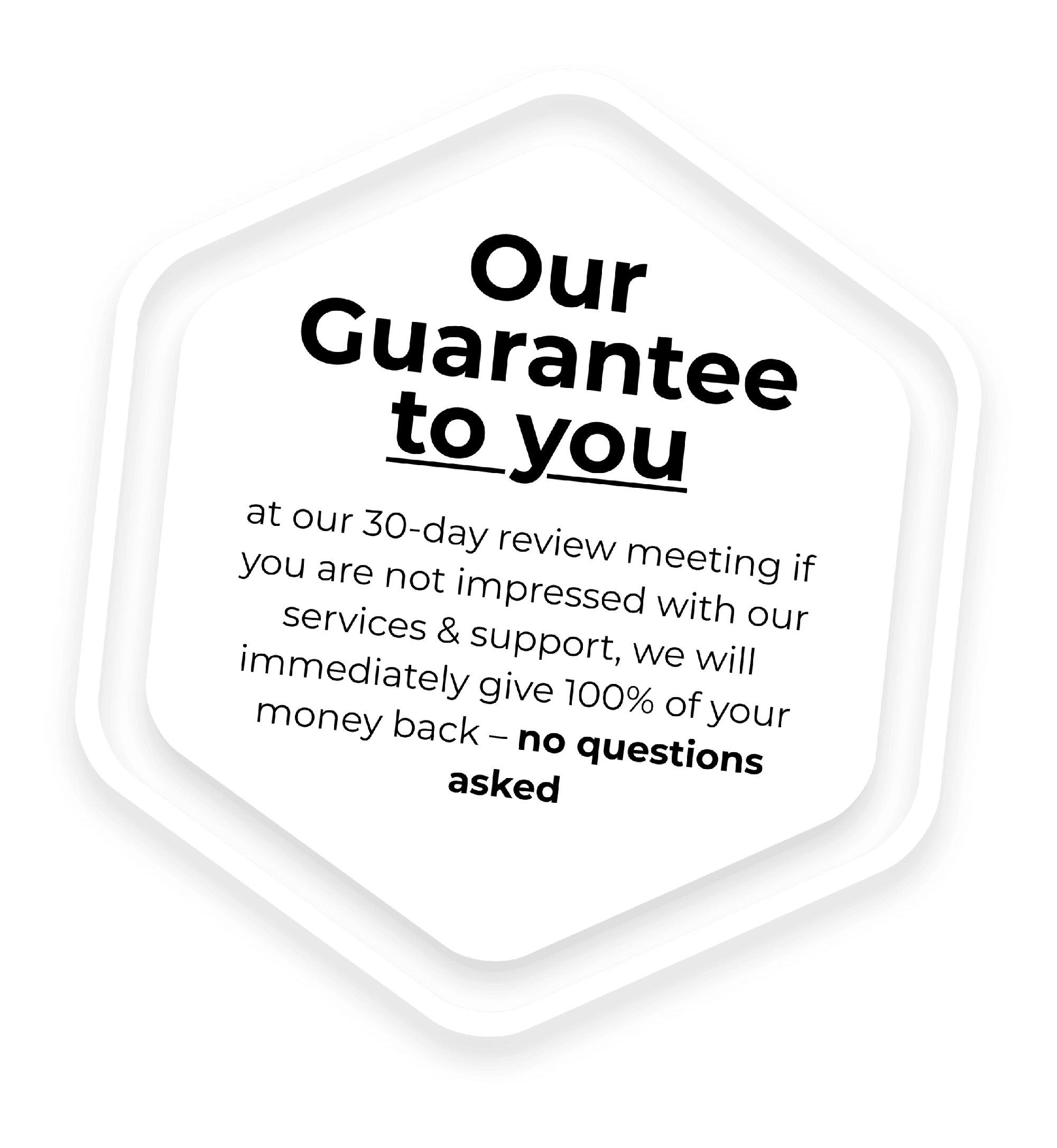 a black and white sticker with the words our guarantee to you