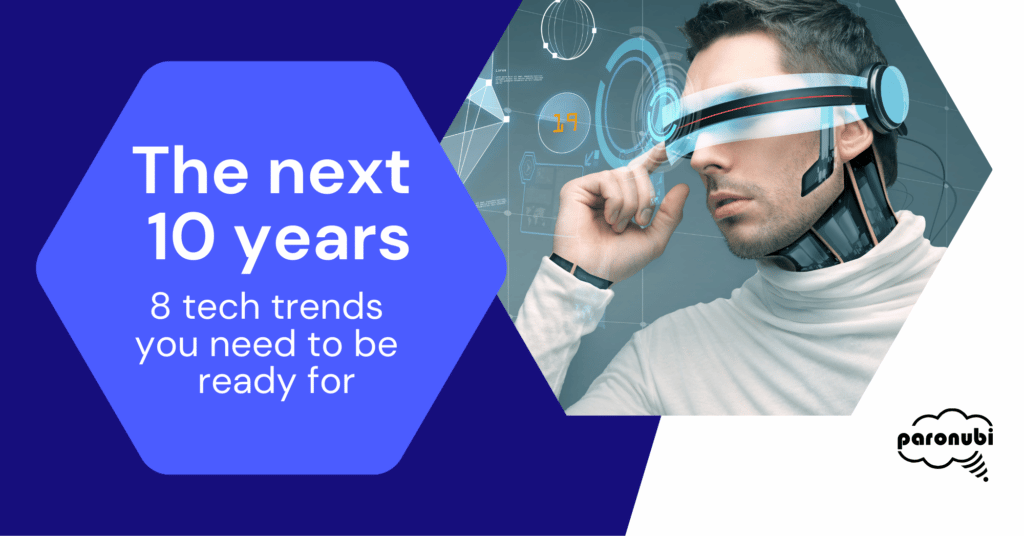 a man holding his smart glasses to his face and the words: The next 10 years - 8 tech trends you need to be ready for