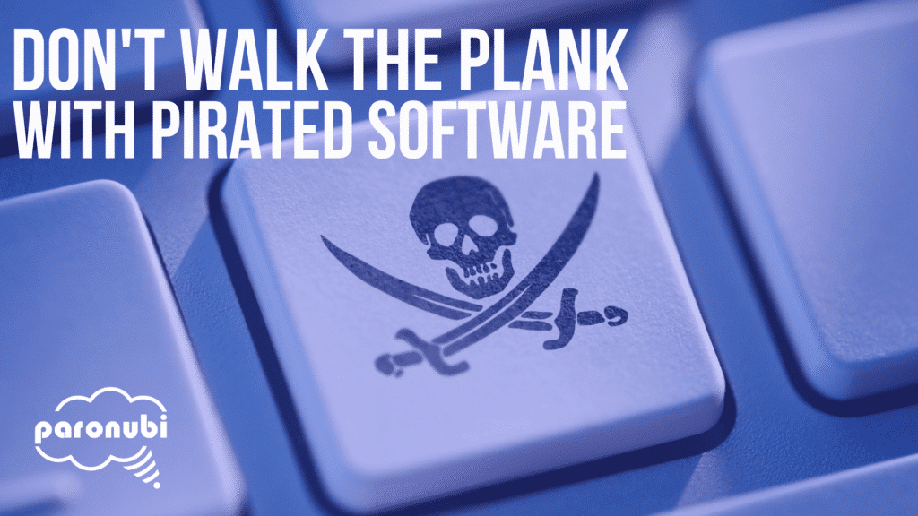 a computer keyboard with a skull and crossbones on it, and the words: don't walk the plank with pirated software